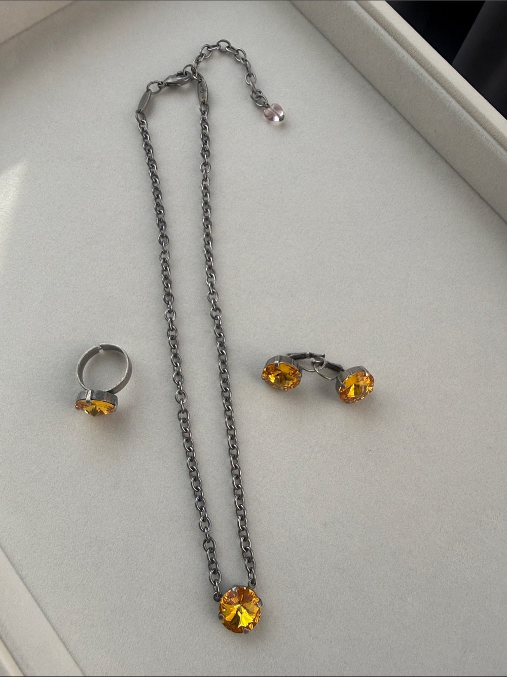 Sabika Golden Citrine Crystal Necklace with Matching Ring and Earrings